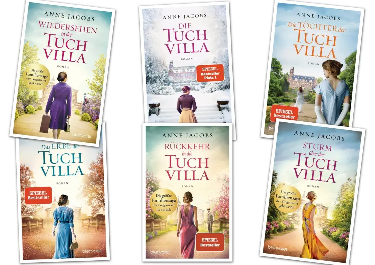 Die Tuchvilla-Saga von Anne Jacobs: Sechs Buchcover, die die Familiengeschichte der Tuchvilla erzählen.
