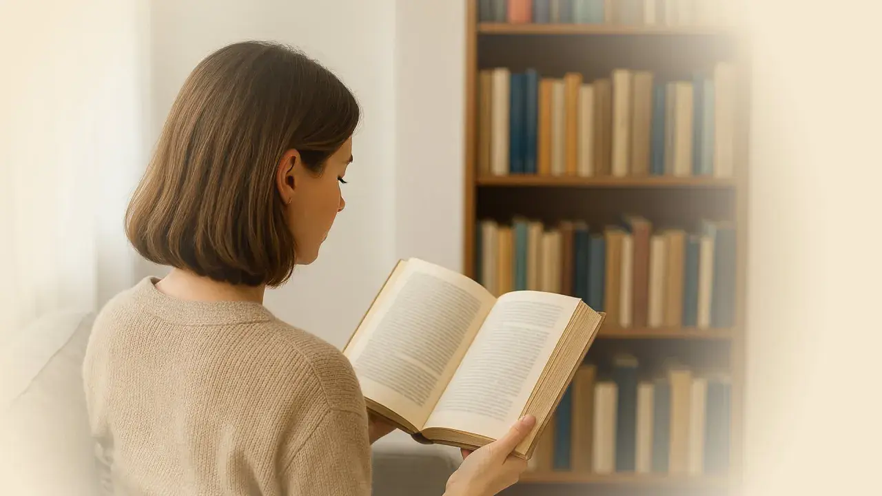 Junge Frau liest ein Buch, inspiriert von einem deutschen Thriller Autor. Im Hintergrund ein Bücherregal.
