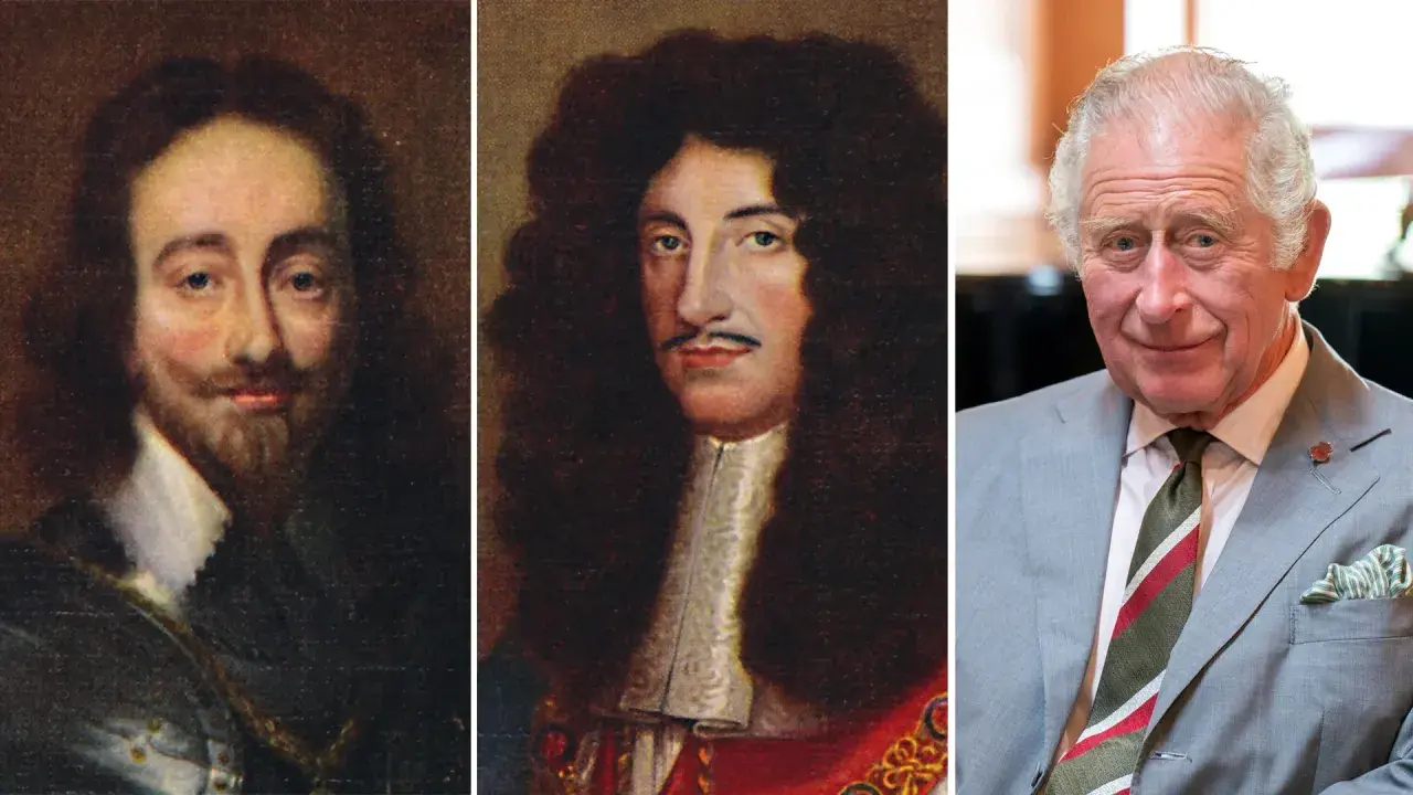 Drei Porträts: Karl II. von England, ein Mann mit Perücke und ein heutiger Mann. Karl II. hatte viele Kinder.