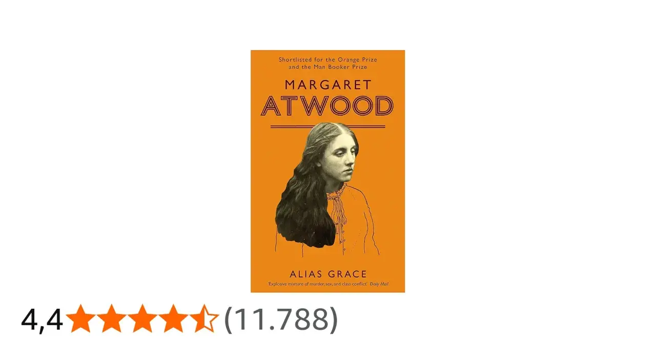 Buchcover "Alias Grace" von Margaret Atwood, mit einem Porträt einer jungen Frau und der Auszeichnung "grace marks" für Preise.