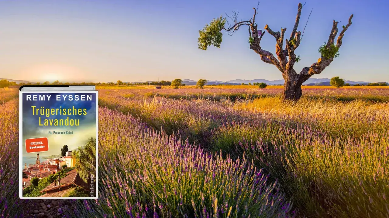 Buchcover "Trügerisches Lavandou" vor einem Lavendelfeld mit einem knorrigen Baum im Abendlicht.