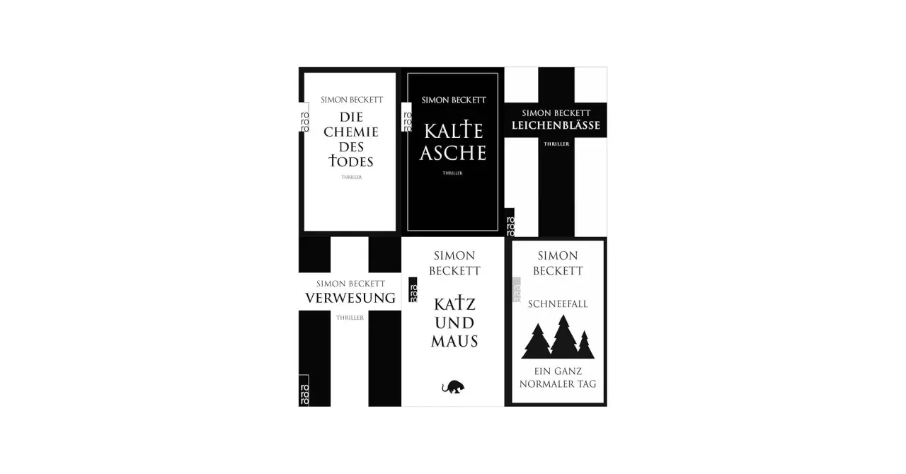 Bücher von Simon Beckett: "Die Chemie des Todes", "Kalte Asche", "Leichenblässe", "Verwesung", "Katz und Maus" und "Schneefall".