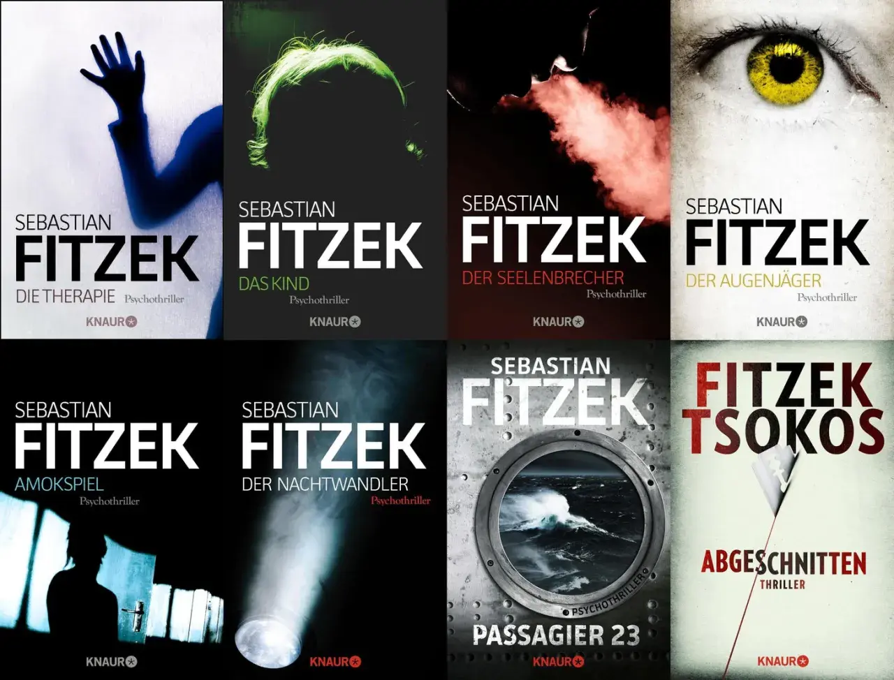 Acht Buchcover von Sebastian Fitzek, einem Bestseller-Autor von Psychothrillern. Die Cover zeigen düstere Motive wie Augen, Schatten und stürmische See.