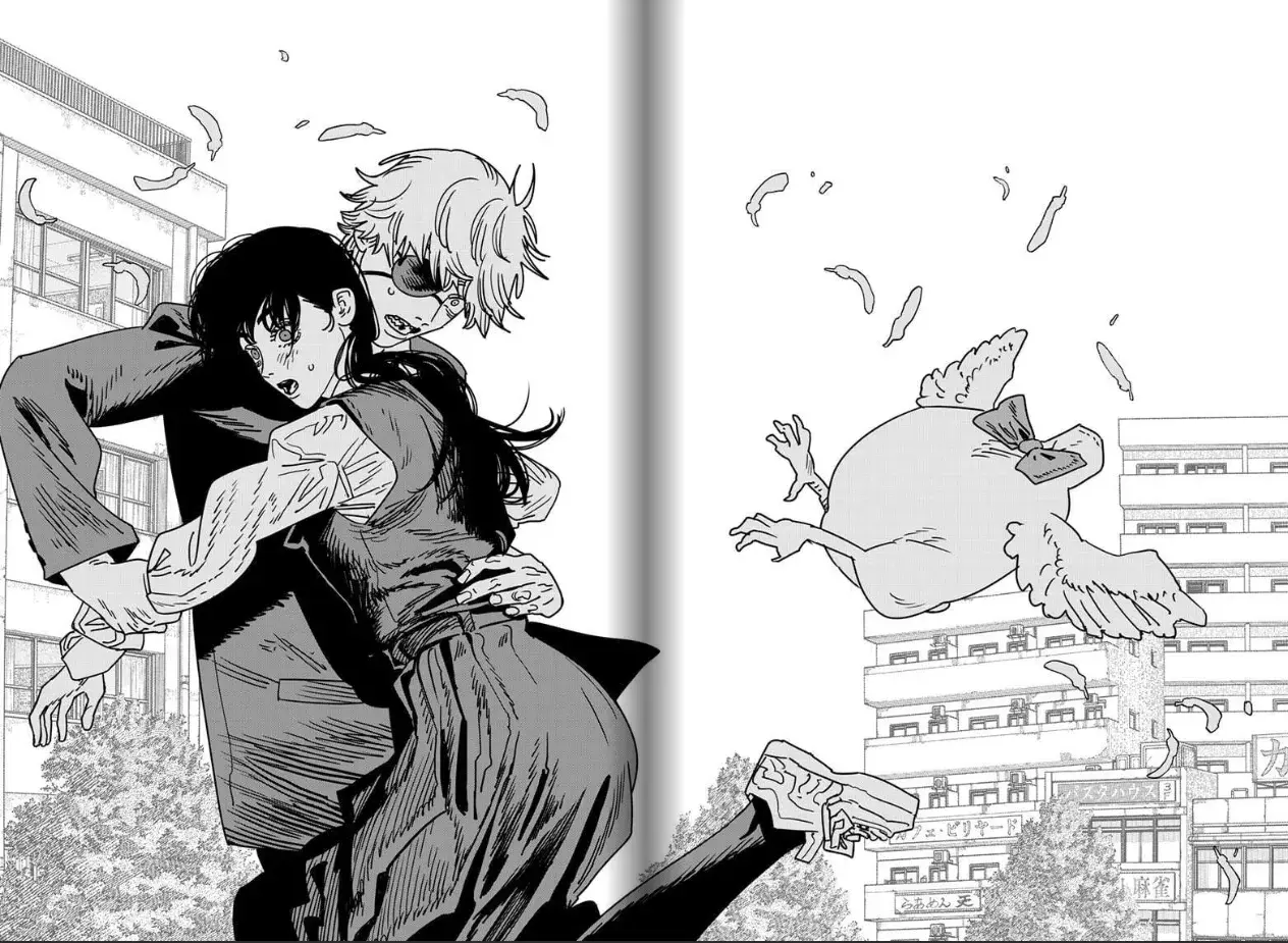Chainsaw Man 2: Ein Mann umarmt eine Frau, während ein fliegendes Hühnchen mit Schleife im Hintergrund vorbeisaust. Federn schweben.