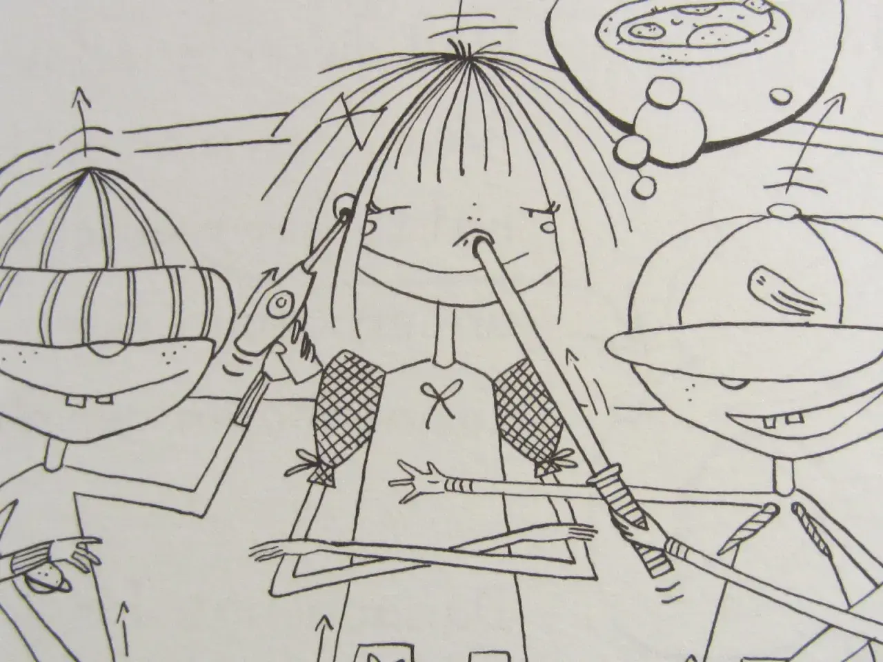 Lotta Leben Ausmalbilder: Drei Kinder mit lustigen Waffen, die auf einander zielen. Eines träumt von Pizza.