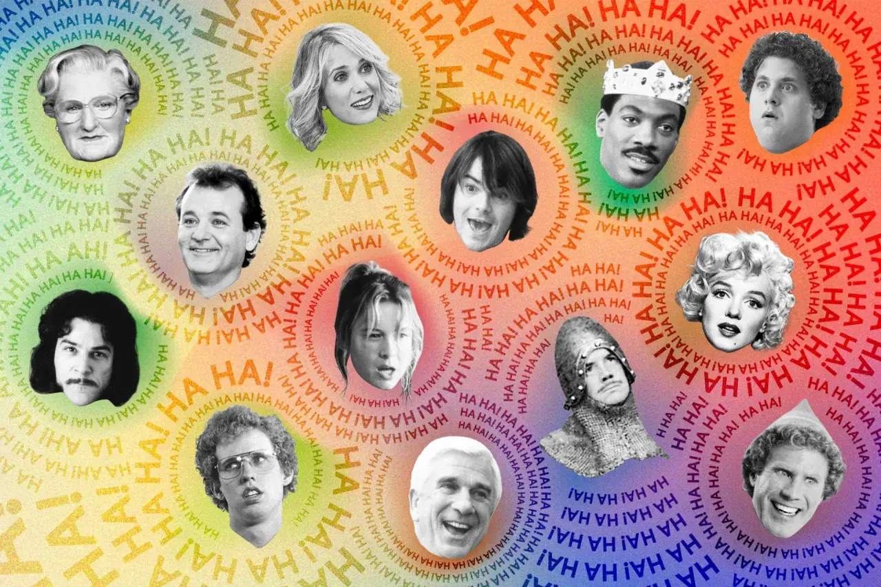 Collage aus Köpfen bekannter Komiker und Schauspieler vor einem bunten "HA HA"-Hintergrund.