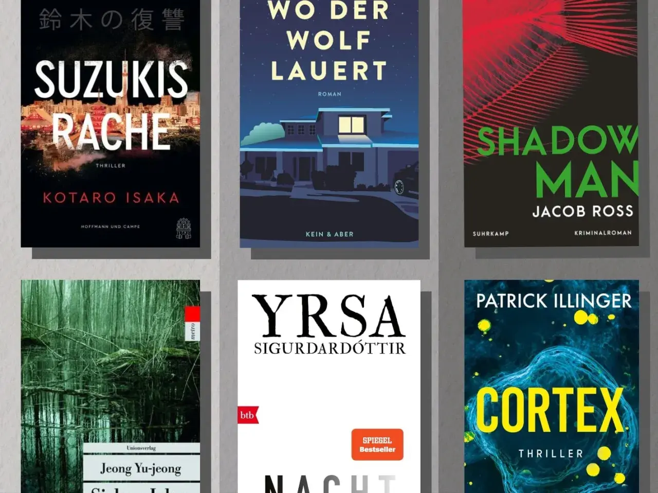 Sechs Buchcover, darunter "Suzukis Rache" und "Cortex", die zu einer buch thriller top 10 gehören könnten.