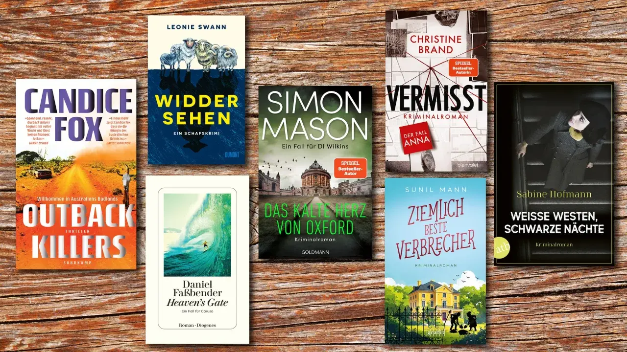 Bestseller-Krimis auf Holz: "Outback Killers", "Widder sehen", "Das kalte Herz von Oxford" und mehr.