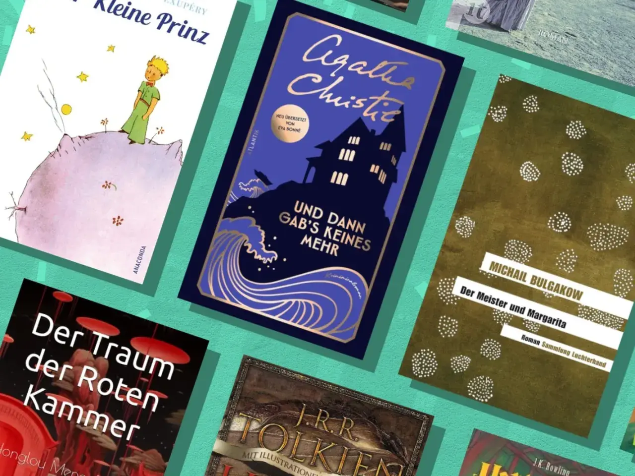 Bestseller-Romane wie "Der kleine Prinz" und "Der Meister und Margarita" neben Agatha Christie und J.R.R. Tolkien. Keine historischen Romane im Mittelalter-Stil, aber spannende Lektüre.