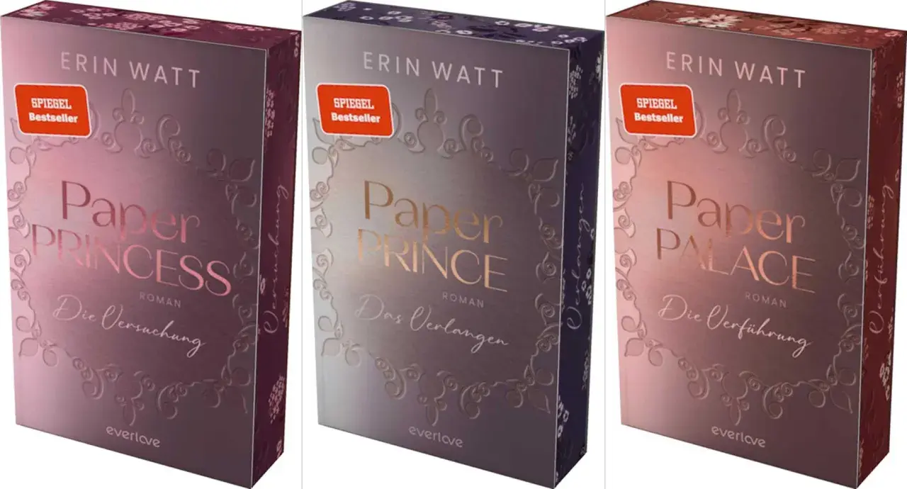 Drei Bücher von Erin Watt: "Paper Princess - Die Versuchung", "Paper Prince - Das Verlangen" und "Paper Palace - Die Verführung". Die Reihenfolge der "Paper"-Reihe ist hier gut erkennbar.