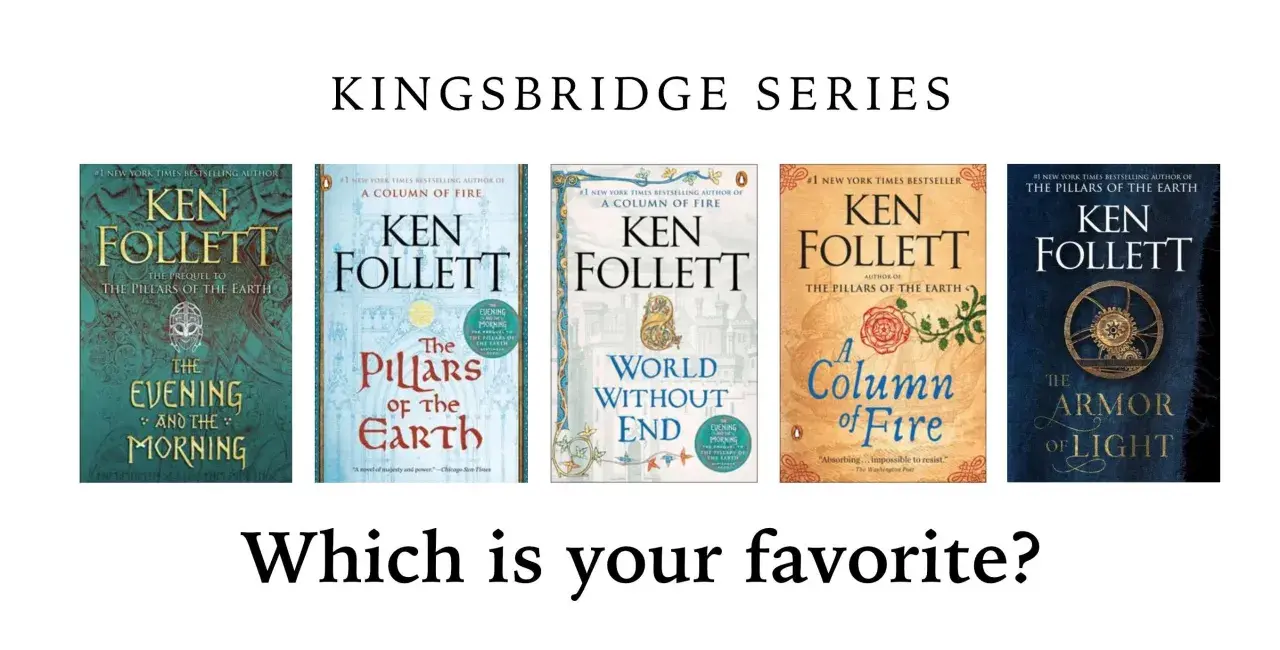 Fünf Buchcover der Kingsbridge-Reihe von Ken Follett: "The Evening and the Morning", "The Pillars of the Earth", "World Without End", "A Column of Fire", "The Armor of Light".