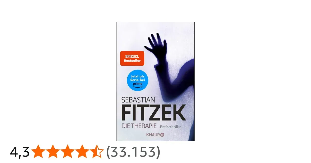 Buchcover "Die Therapie" von Sebastian Fitzek, ein Spiegel-Bestseller und jetzt als Serie bei Prime. Ein Schatten einer Hand drückt gegen eine milchige Scheibe.