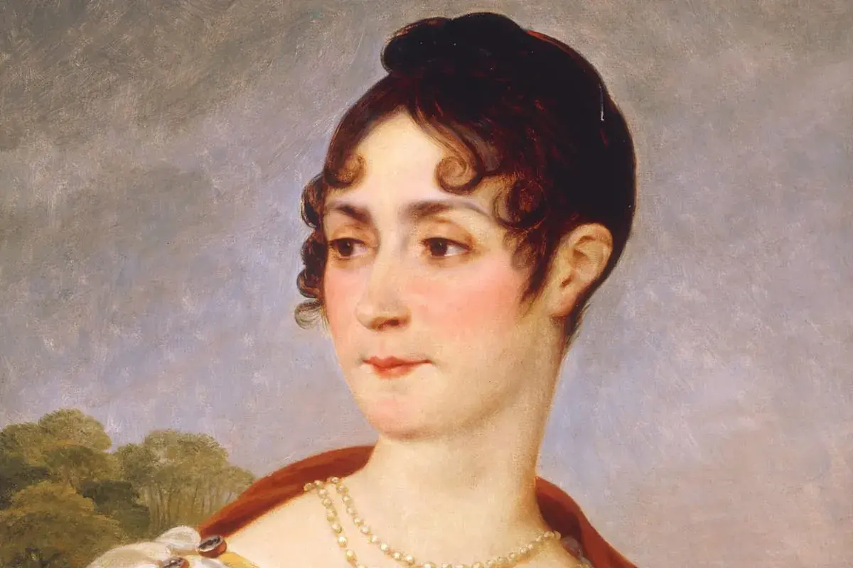 Porträt einer jungen Frau mit hochgestecktem Haar und Perlenkette. Sie könnte eine der Enkelkinder von Joséphine de Beauharnais sein.
