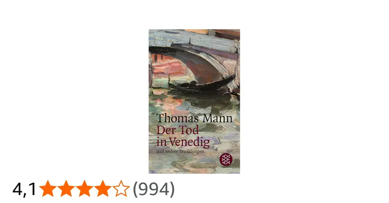 Buchcover "Der Tod in Venedig" von Thomas Mann. Impressionistisches Gemälde einer Gondel unter einer Brücke, das die düstere Atmosphäre des Romans einfängt.