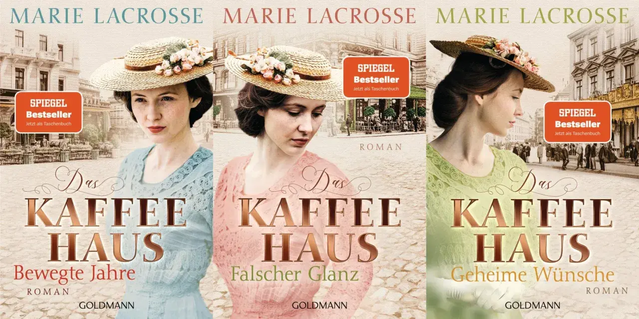 Drei Buchcover der Reihe "Das Kaffeehaus" von Marie Lacrosse. Junge Frauen im viktorianischen Stil blicken nachdenklich.