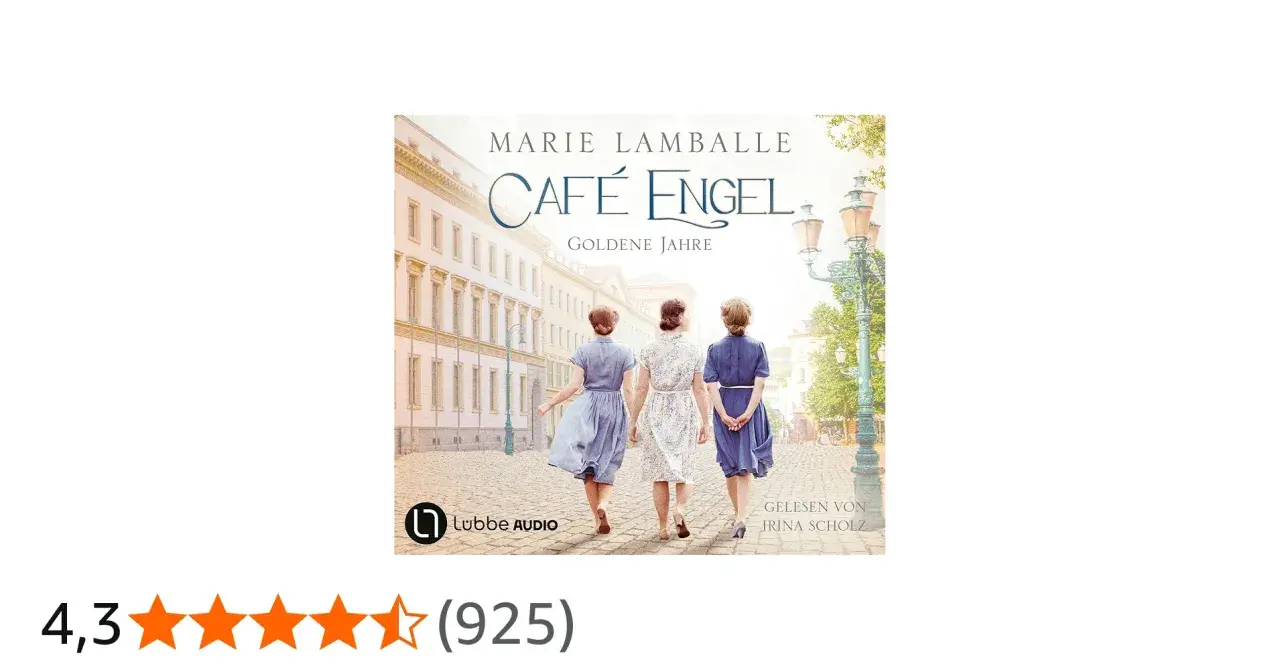Drei Frauen in Kleidern gehen auf eine Stadtansicht zu. Der Titel "Café Engel: Goldene Jahre" ist prominent platziert.