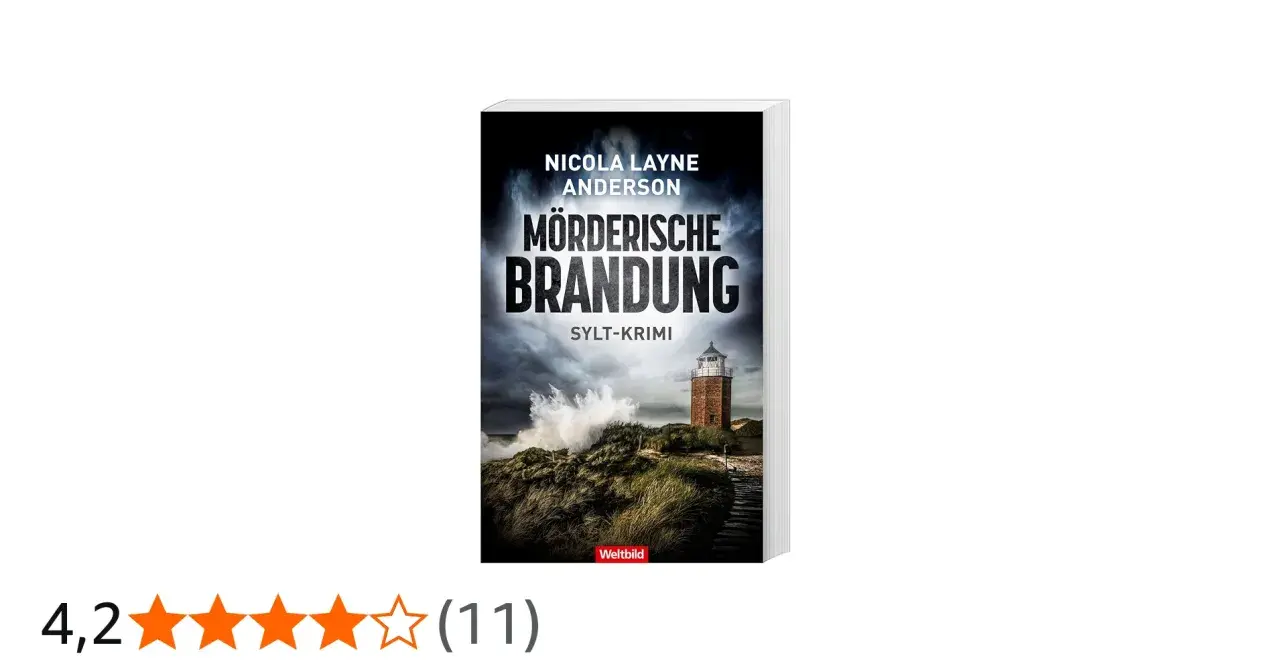 Buchcover "Mörderische Brandung" von Nicola Layne Anderson, ein düsterer Sylt-Krimi mit Leuchtturm und tosender See.