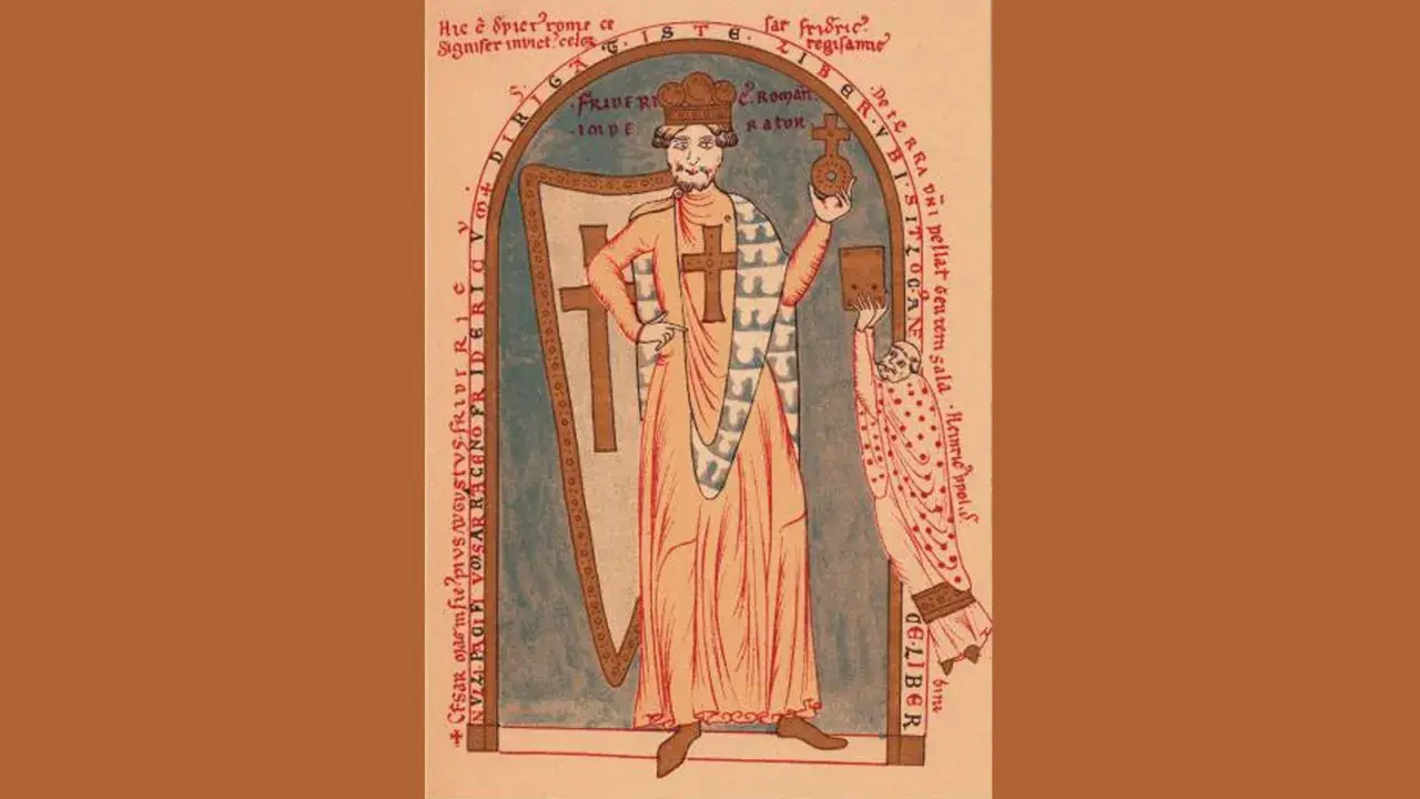 Historische Darstellung von Friedrich I. Barbarossa, wie in Sabine Eberts Romanen beschrieben. Die Reihenfolge der Ereignisse wird hier bildlich dargestellt.