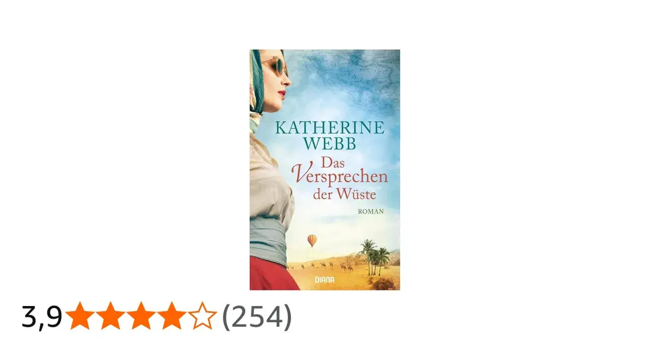 Buchcover "Das Versprechen der Wüste" von Katherine Webb. Eine Frau im Vordergrund, im Hintergrund eine Wüstenlandschaft mit Kamelen und einem Heißluftballon.