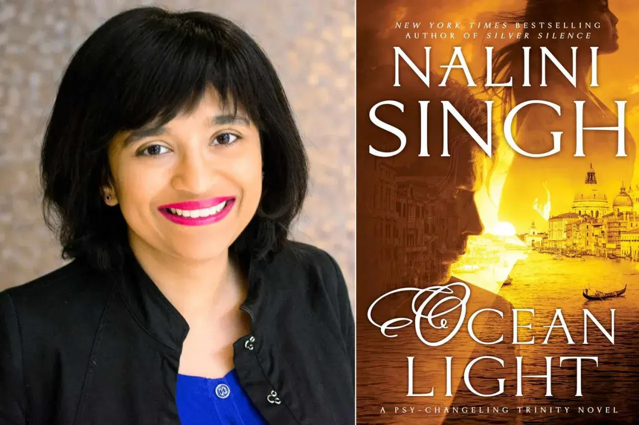 Nalini Singh lächelt, neben dem Buchcover "Ocean Light", einem Roman der "Psy-Changeling Trinity"-Reihe.