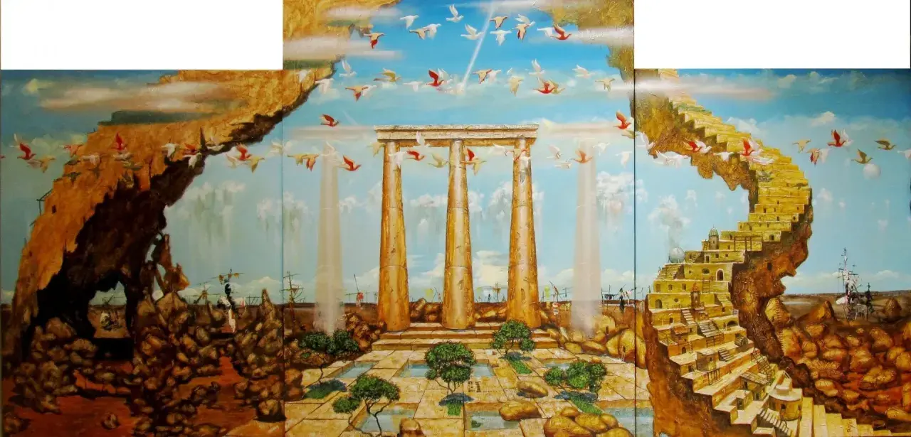 Surreale Landschaft mit einer Treppe zum Himmel, die sich zu einer Stadt windet. Vögel fliegen über antiken Säulen und Felsen.