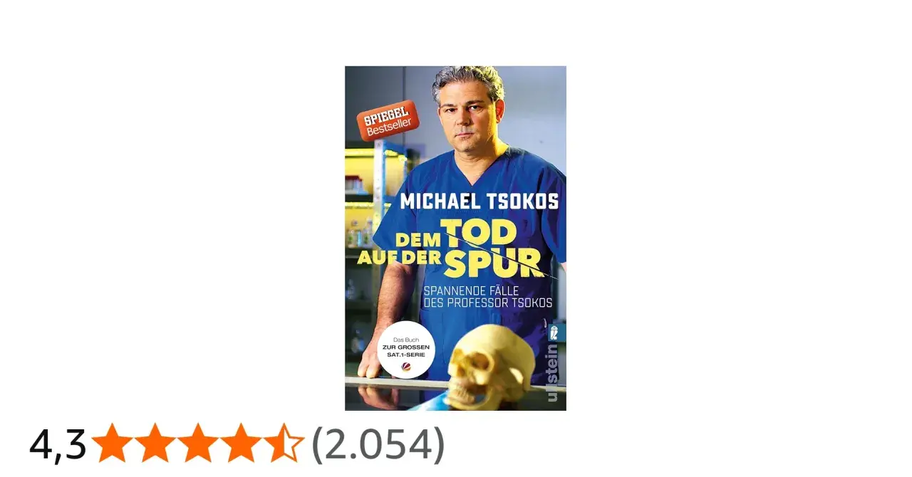 Buchcover "Dem Tod auf der Spur" von Michael Tsokos. Ein Mann in Arztkittel blickt ernst, daneben ein Totenkopf.