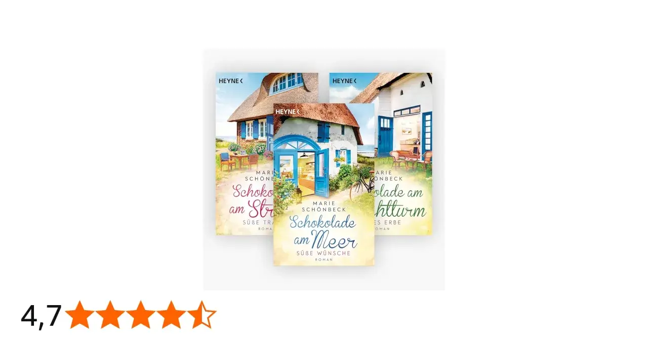 Drei Buchcover von Marie Schönbeck mit idyllischen Häusern am Meer. Die Titel "Schokolade am Strand", "Schokolade am Meer" und "Schokolade am Leuchtturm" versprechen süße Geschichten.