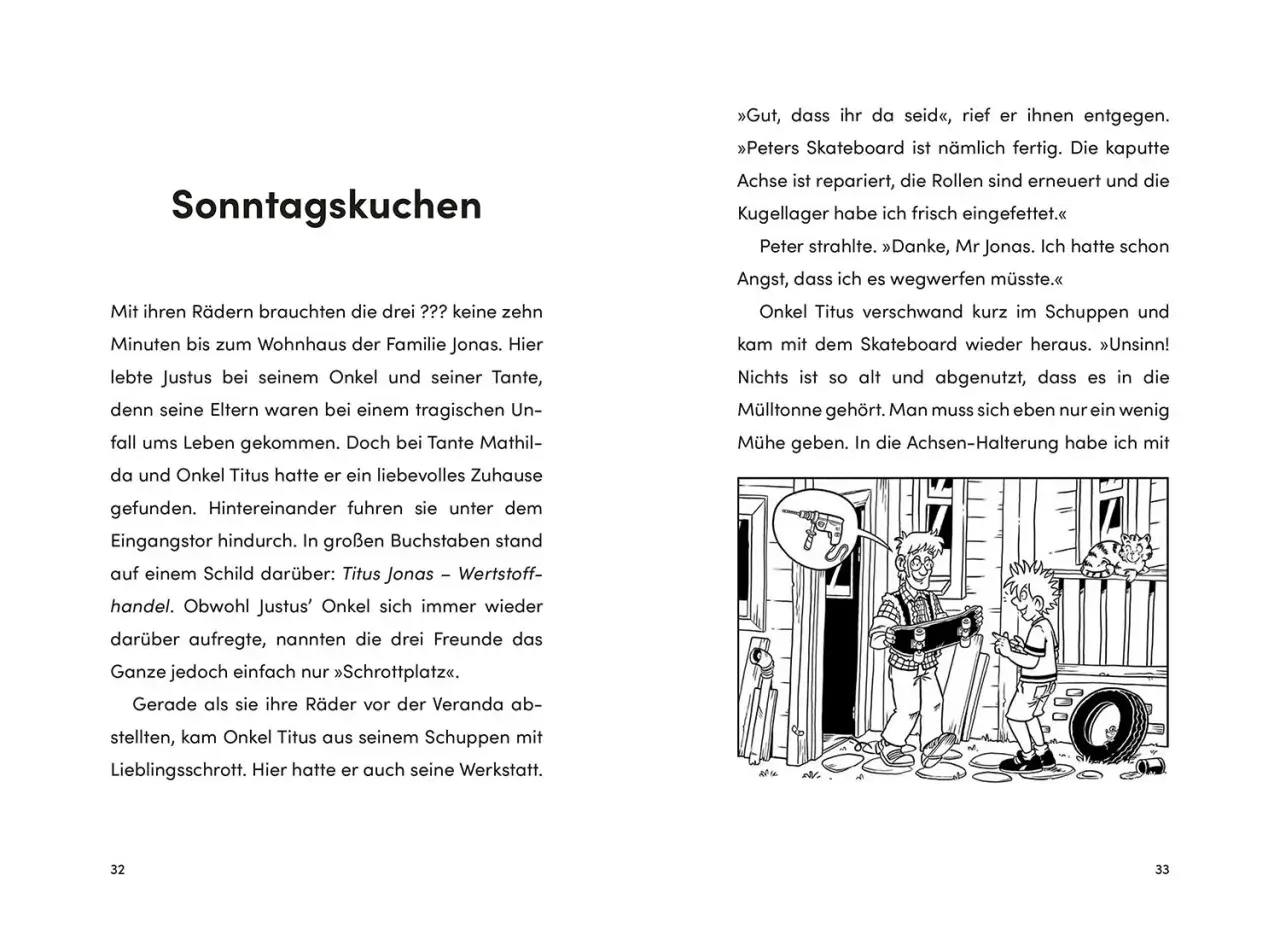 Illustration aus einem Buch von Ulf Blanck: Onkel Titus repariert Peters Skateboard in seiner Werkstatt.