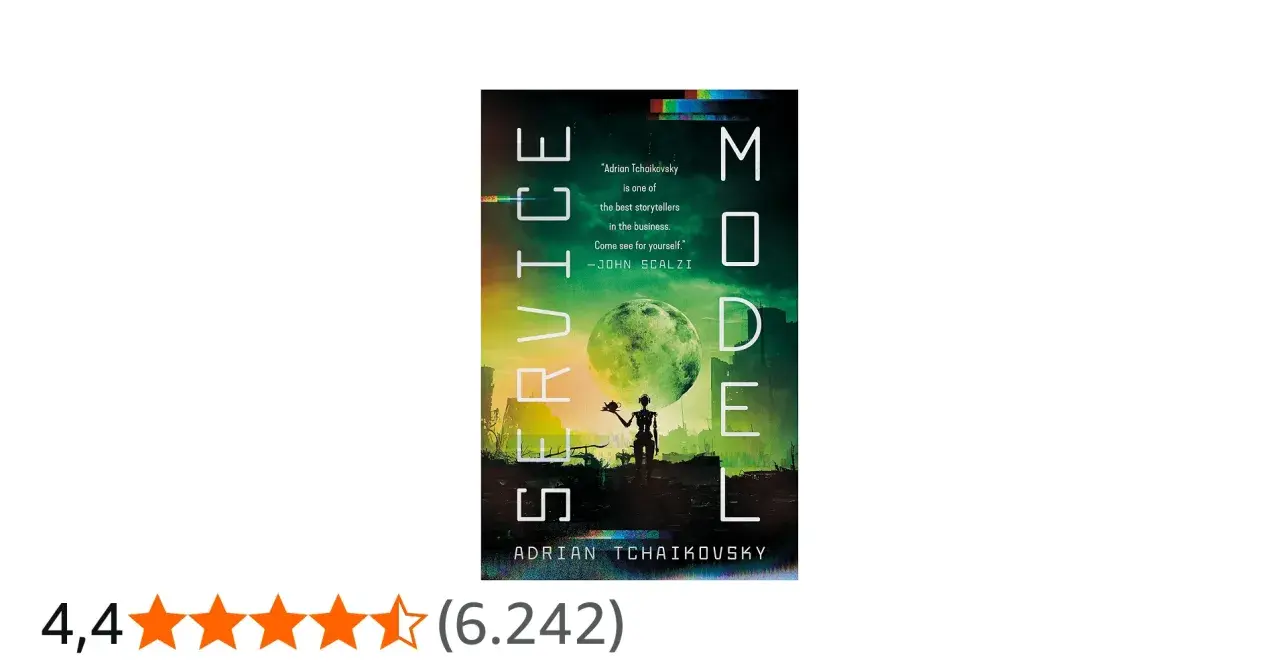 Cover von "Service Model" von Adrian Tchaikovsky. Ein Roboter steht vor einer grünen Mondlandschaft.