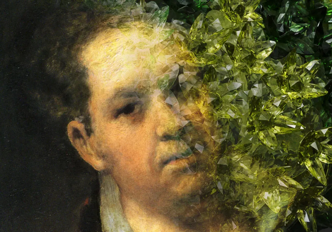 Ein Porträt, das an Goya's Schwarze Bilder erinnert, zerfällt in grüne Kristalle.