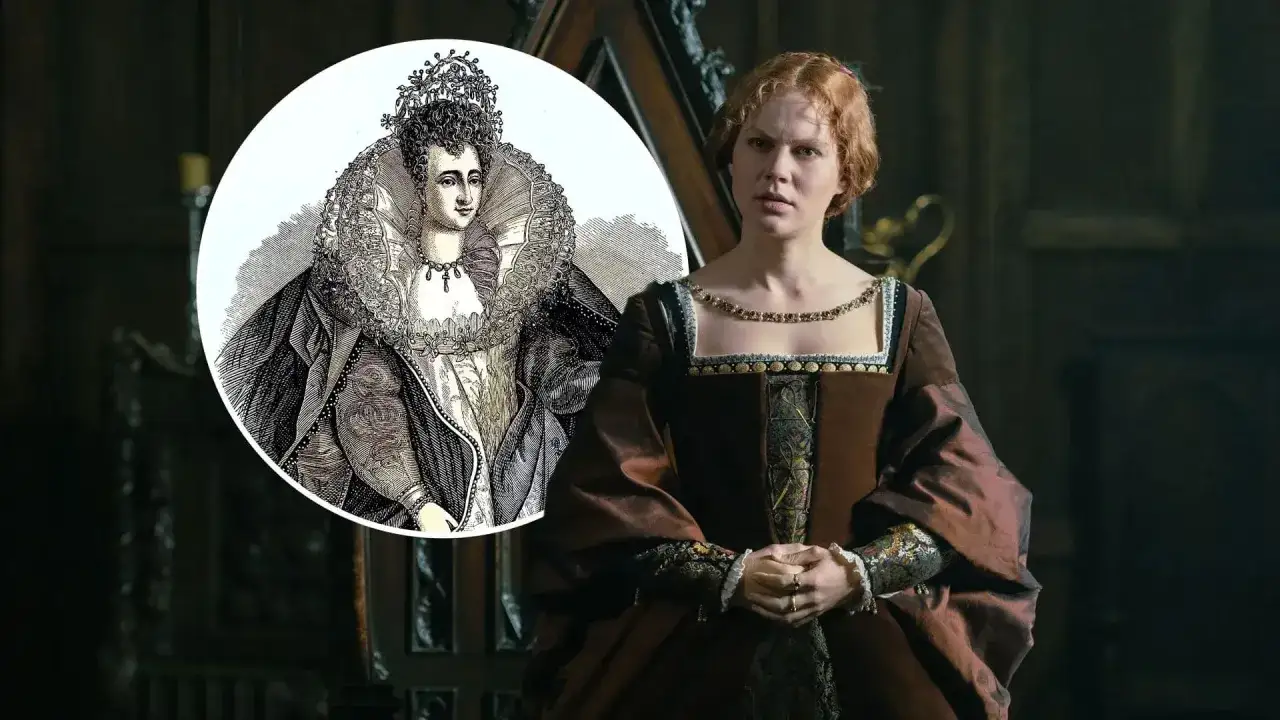 Eine junge Frau im braunen Kleid und eine historische Darstellung von Elisabeth, der Goldenen, mit prunkvoller Halskrause und Krone.