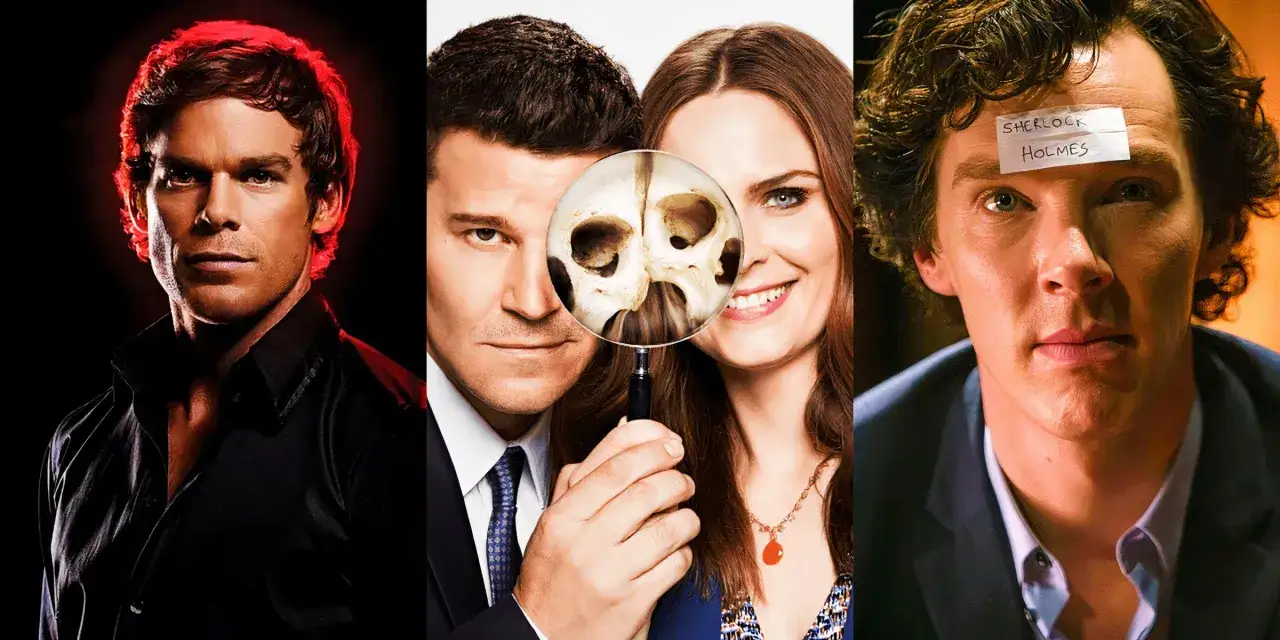 Bekannte Krimi-Kommissare: Dexter Morgan, Temperance Brennan & Seeley Booth, Sherlock Holmes.