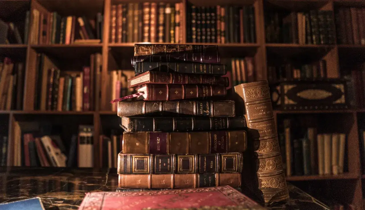 Stapel alter Bücher vor einem Bücherregal. Hier finden sich sicher Romane, die man gelesen haben muss, und Schätze der Literatur.