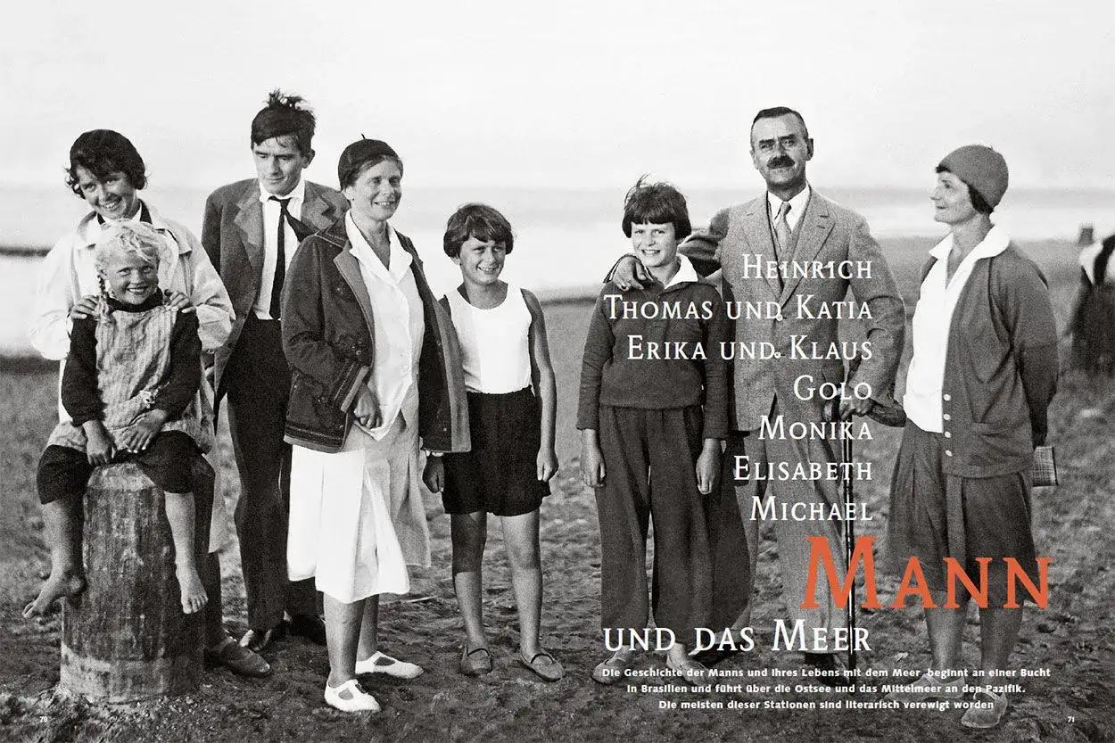 Der Stammbaum der Familie Mann: Heinrich, Katia, Erika, Klaus, Golo, Monika, Elisabeth und Michael Mann posieren am Meer.