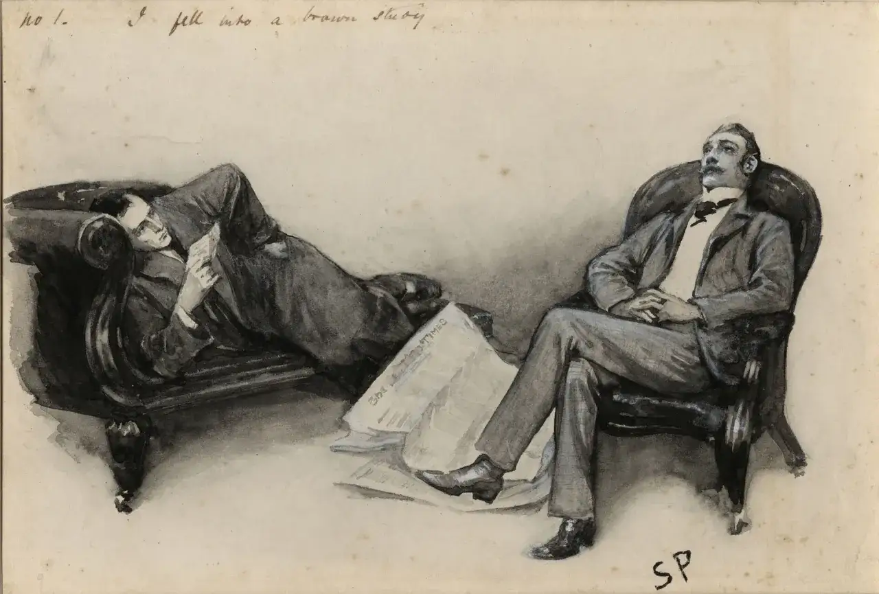Oscar Wilde und Mycroft Holmes in nachdenklicher Pose. Der eine liest, der andere sinniert.