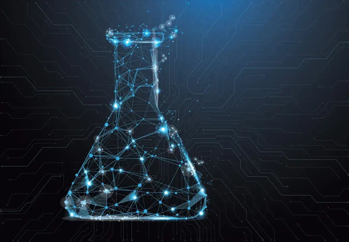 Ein leuchtendes, polygonales Erlenmeyerkolben-Symbol, das eine Frage der Chemie symbolisiert, vor einem Hintergrund mit Leiterbahnen.