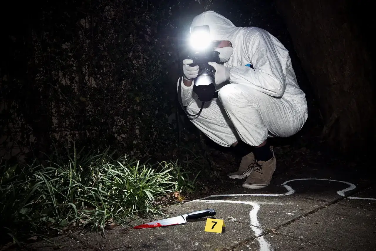 Ein Tatortfotograf in Schutzanzug dokumentiert mit Blitzlicht einen blutigen Messerfund. Der 